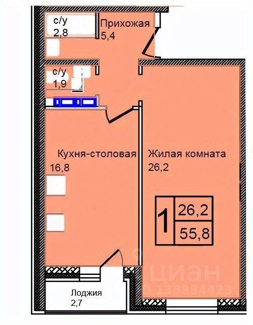 Планировка 1 комнатной квартиры, 55.8 м², в «Троицкий»