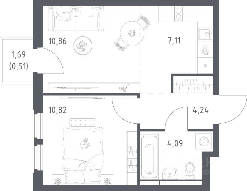 1-комн. квартира, 37,63 м², в ЖК Космический Квартал