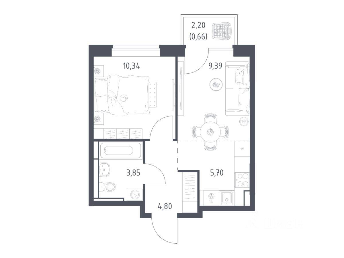 1-комн. квартира, 34,74 м², в ЖК Богдановский Лес