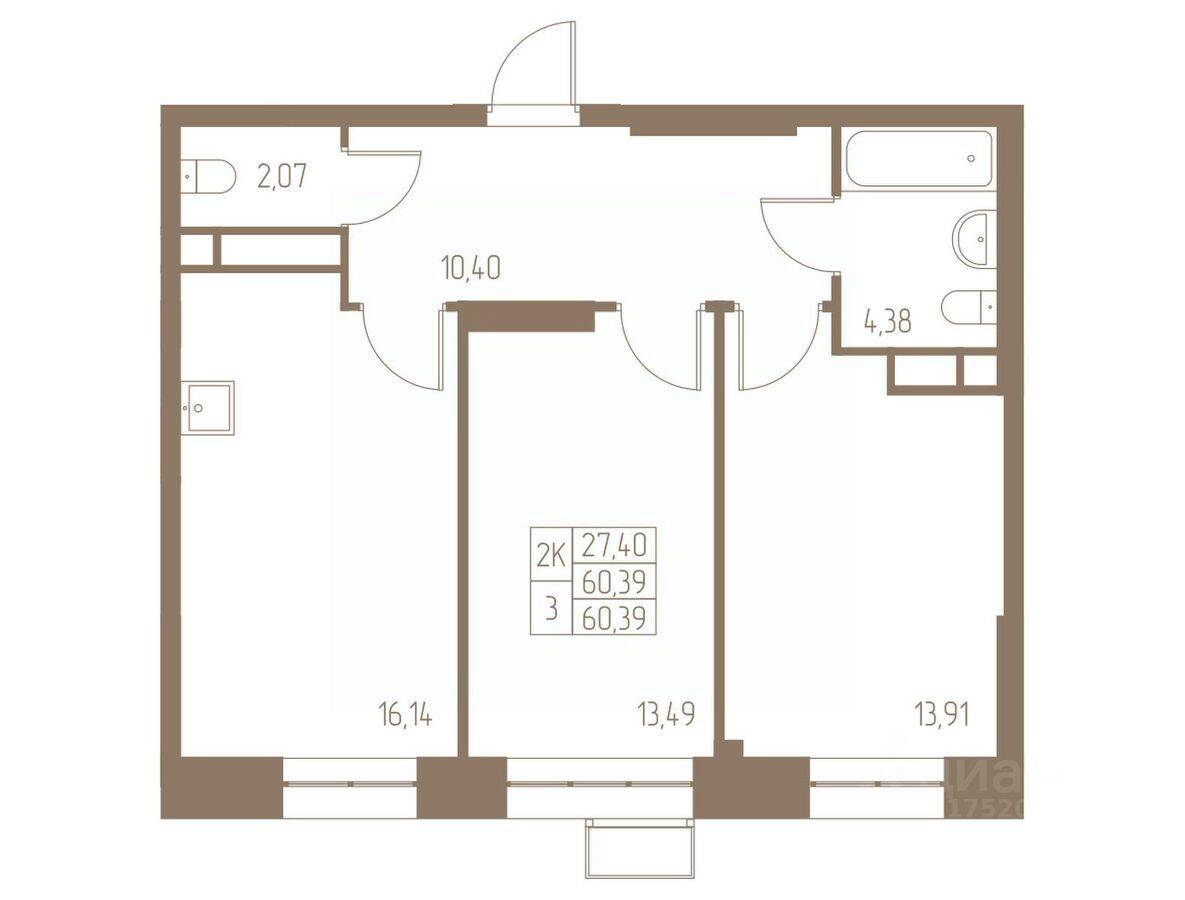 2-комн. квартира, 60,39 м², в ЖК Фабрикант