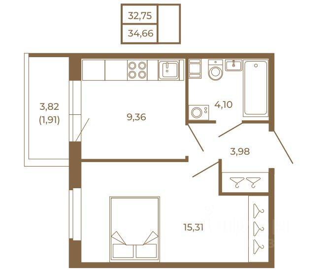 Планировка 1 комнатной квартиры, 34.66 м², в «Новая история»