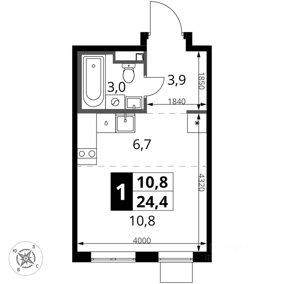 Квартира-студия, 24,4 м², в ЖК 1-й Донской
