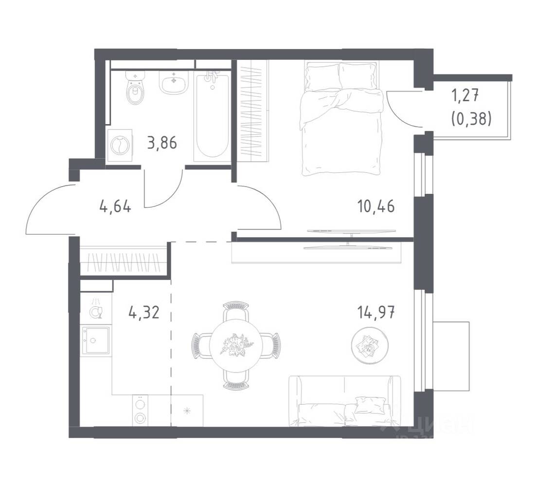 1-комн. квартира, 38,63 м², в ЖК Мытищи Парк