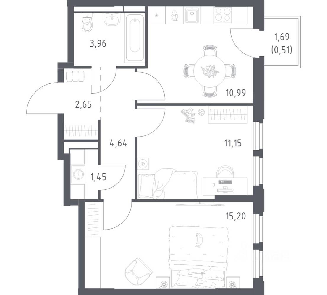 2-комн. квартира, 50,55 м², в ЖК Космический Квартал