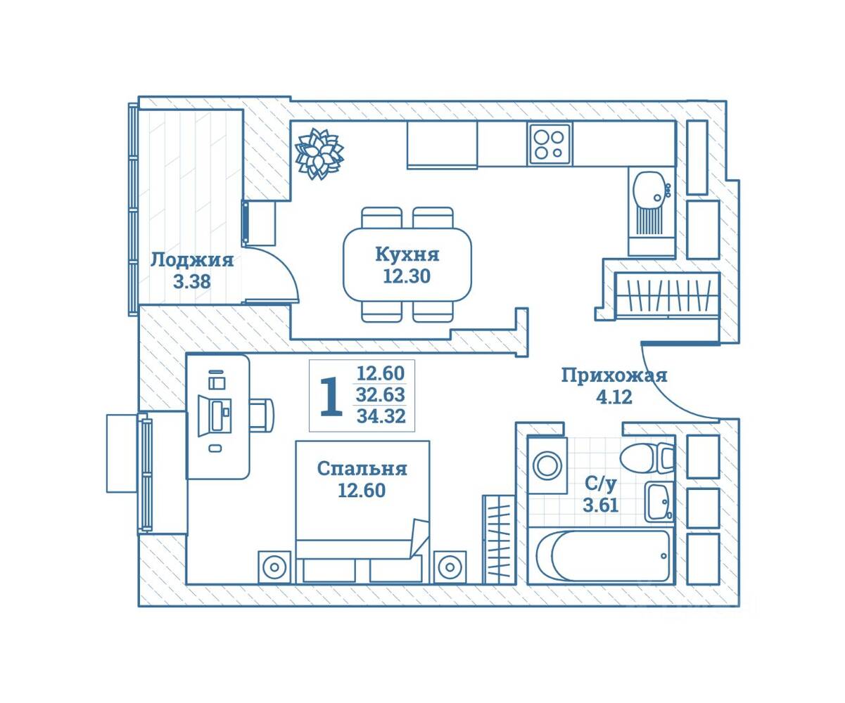 1-комн. квартира, 34,32 м², в ЖК Новоград Монино