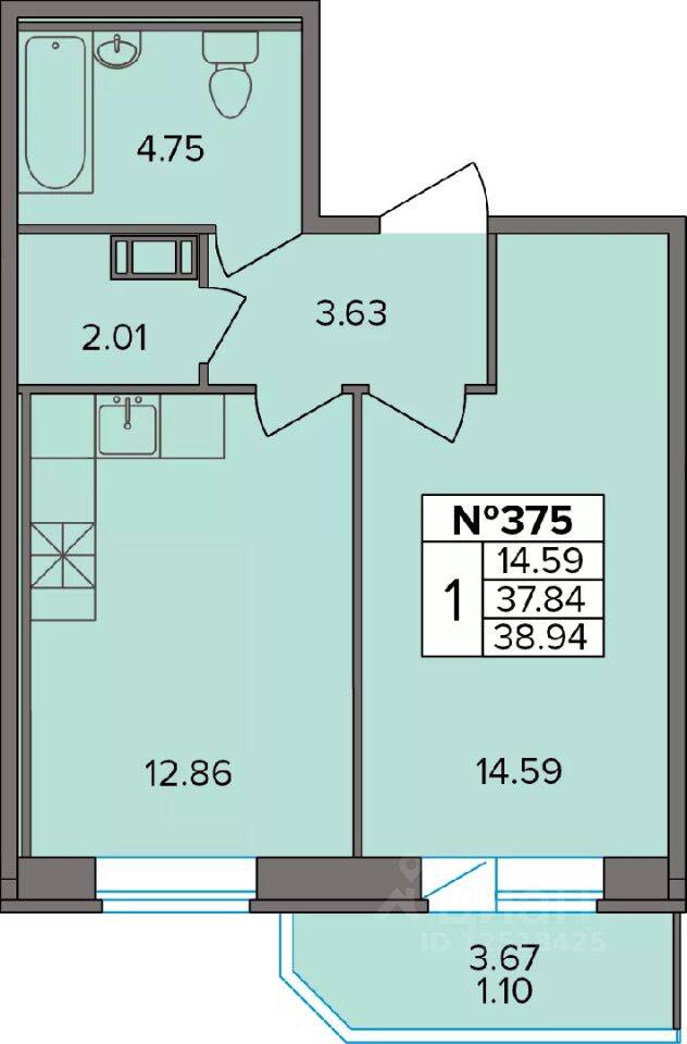 1-комн. квартира, 38,94 м², в ЖК Капральский