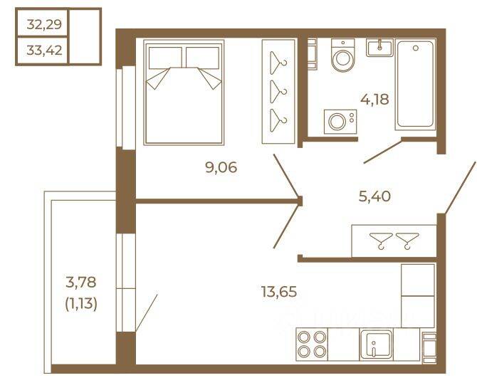 1-комн. квартира, 33,42 м², в Малоэтажный ЖК Новая история