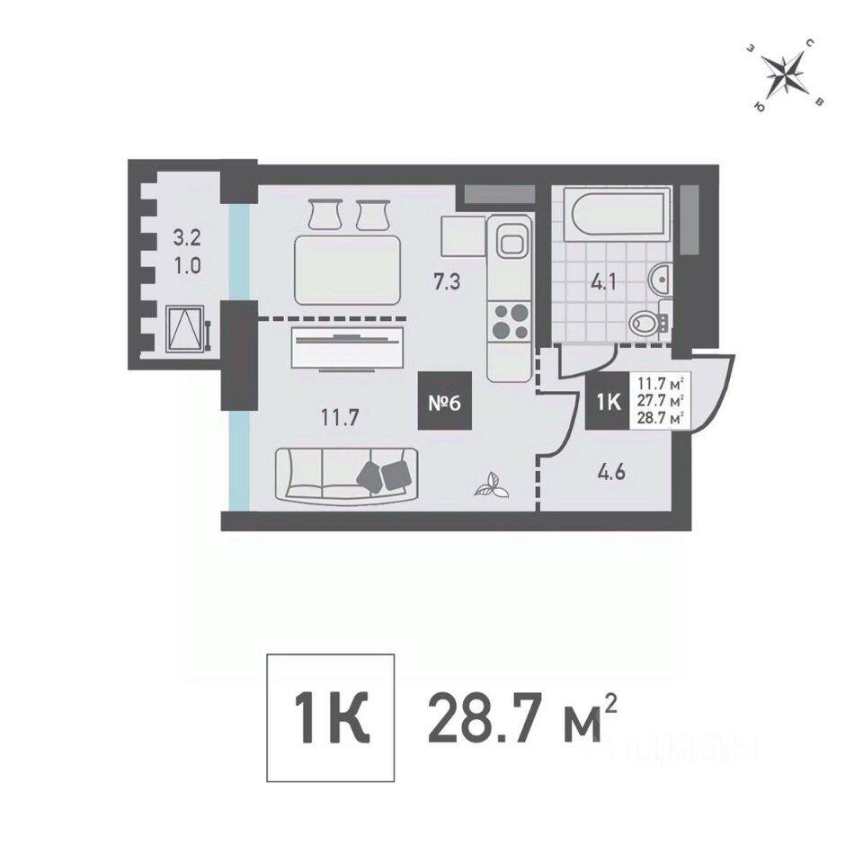 1-комн. квартира, 28,7 м², в ЖК Зеленоград Ривьера
