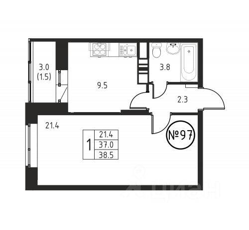 1-комн. квартира, 38,5 м², в ЖК Космос
