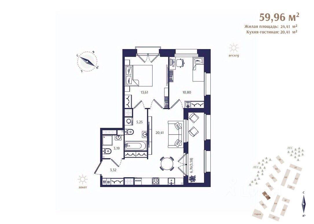 2-комн. квартира, 59,96 м², в ЖК Ranta Residence