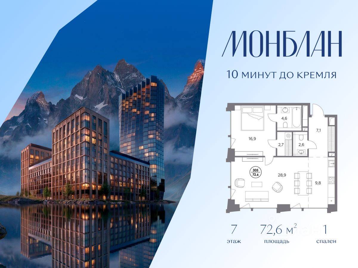 Планировка 1 комнатной квартиры, 72.6 м², в «Монблан»