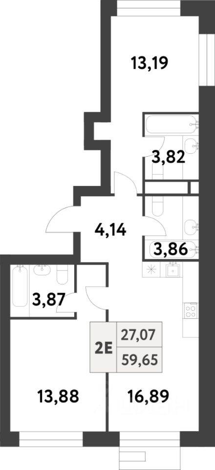 Планировка 2 комнатной квартиры, 59.6 м², в «Smart Garden»