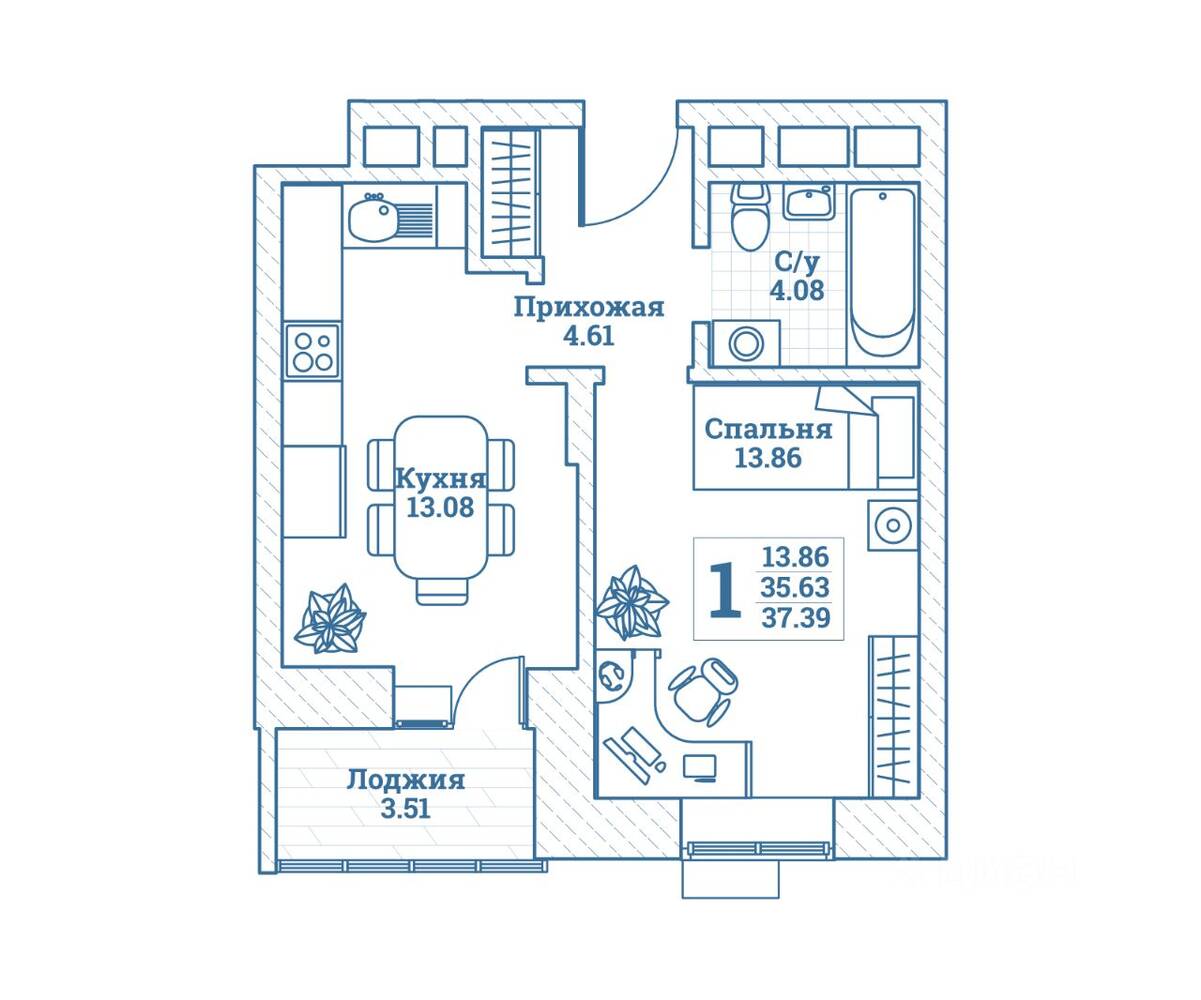 1-комн. квартира, 37,39 м², в ЖК Новоград Монино