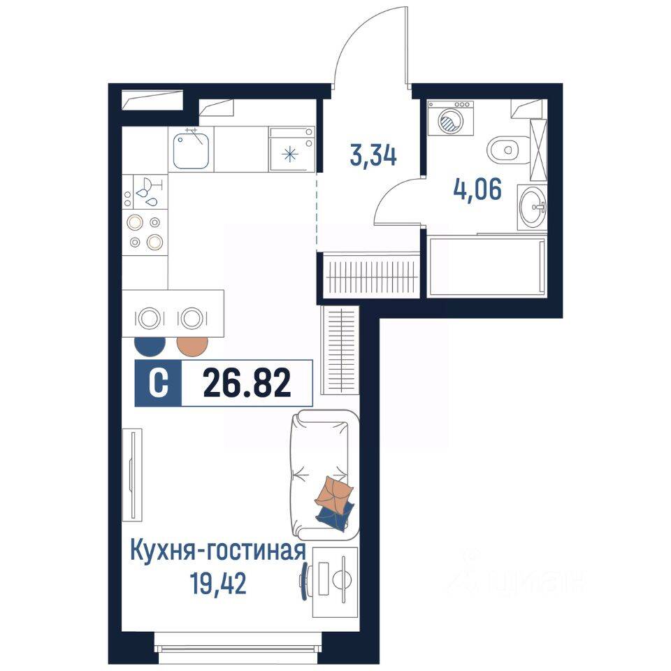 Квартира-студия, 26,82 м², в ЖК Максималист
