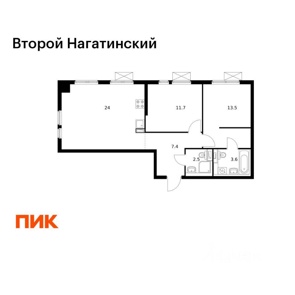 Планировка 2 комнатной квартиры, 62.7 м², в «Второй Нагатинский»