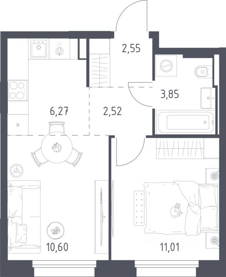 1-комн. квартира, 36,8 м², в ЖК Заречье Парк