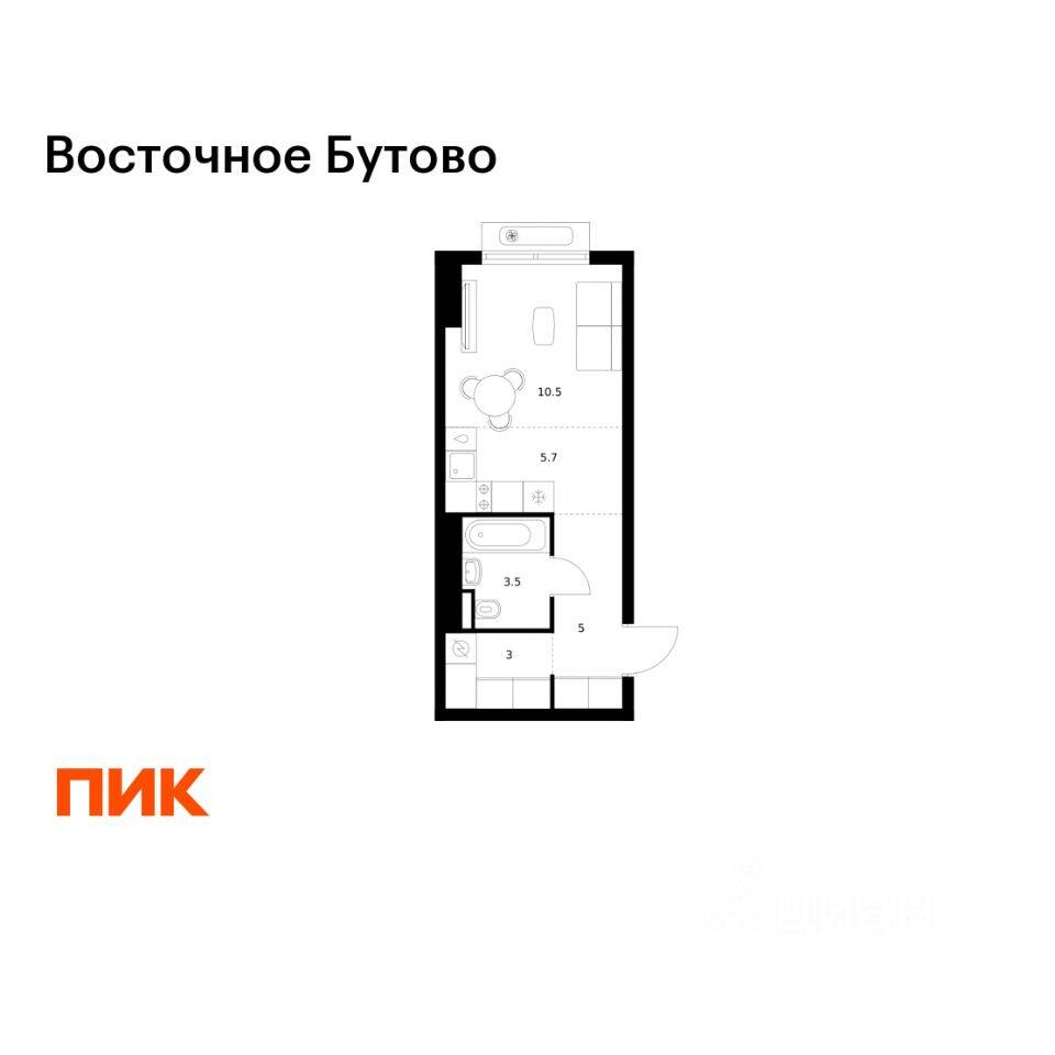 Планировка 1 комнатной квартиры, 27.7 м², в «Восточное Бутово»