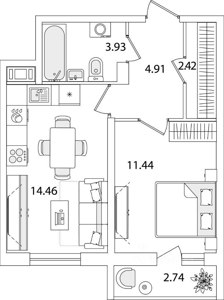 1-комн. квартира, 38,53 м², в ЖК Кинопарк