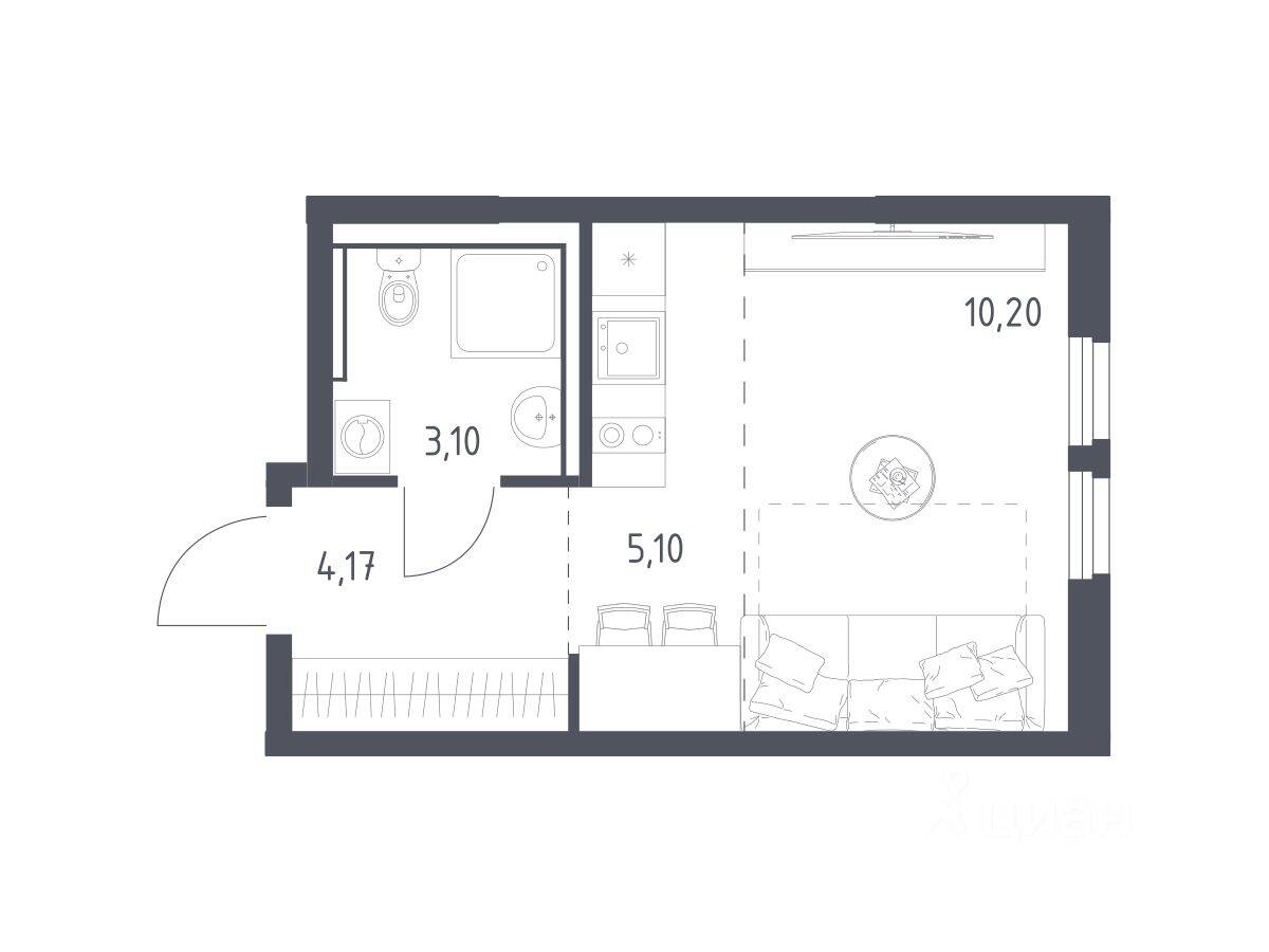 Квартира-студия, 22,57 м², в ЖК «Пригород Лесное»