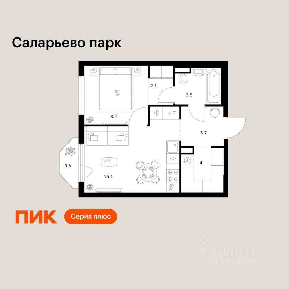 1-комн. квартира, 37,1 м², в ЖК «Саларьево парк»