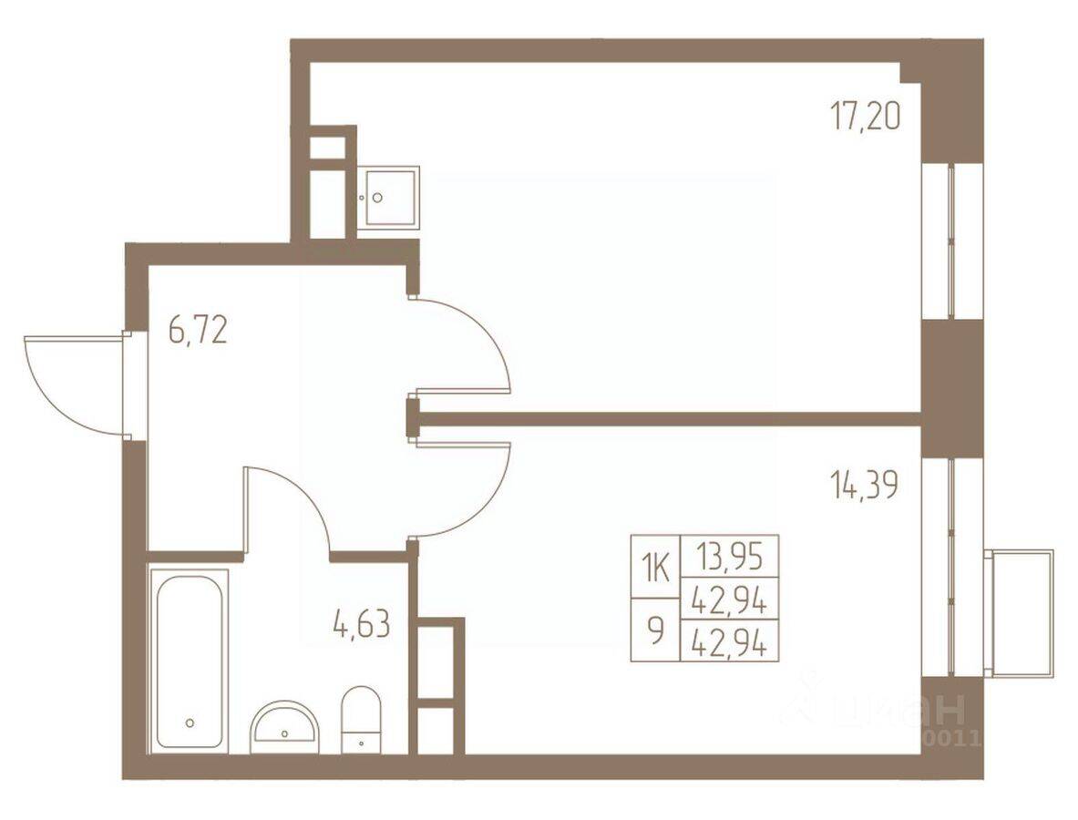 1-комн. квартира, 42,94 м², в ЖК Фабрикант