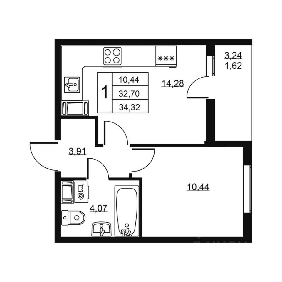 Планировка 1 комнатной квартиры, 34.32 м², в «Высота (Бугры)»