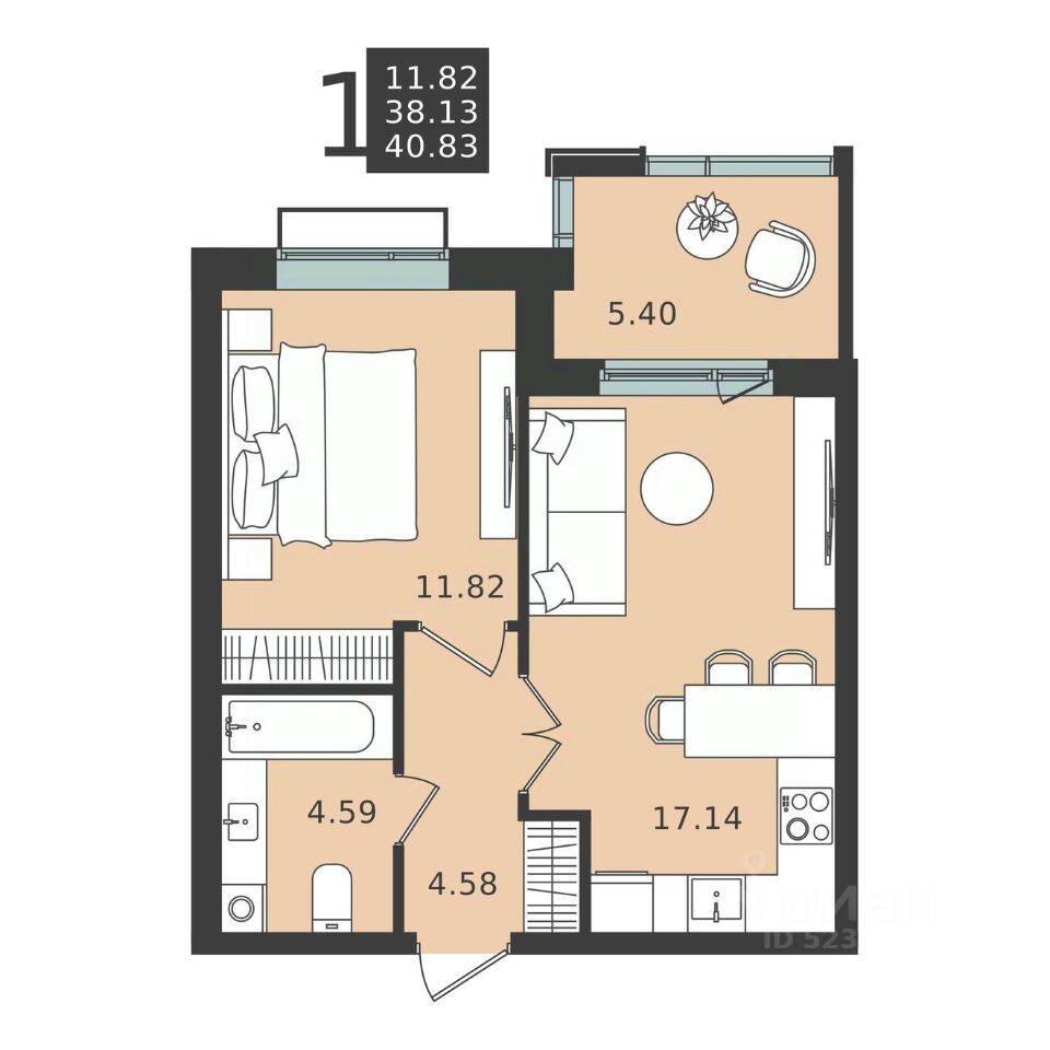 Планировка 1 комнатной квартиры, 40.83 м², в «Мишино-2»