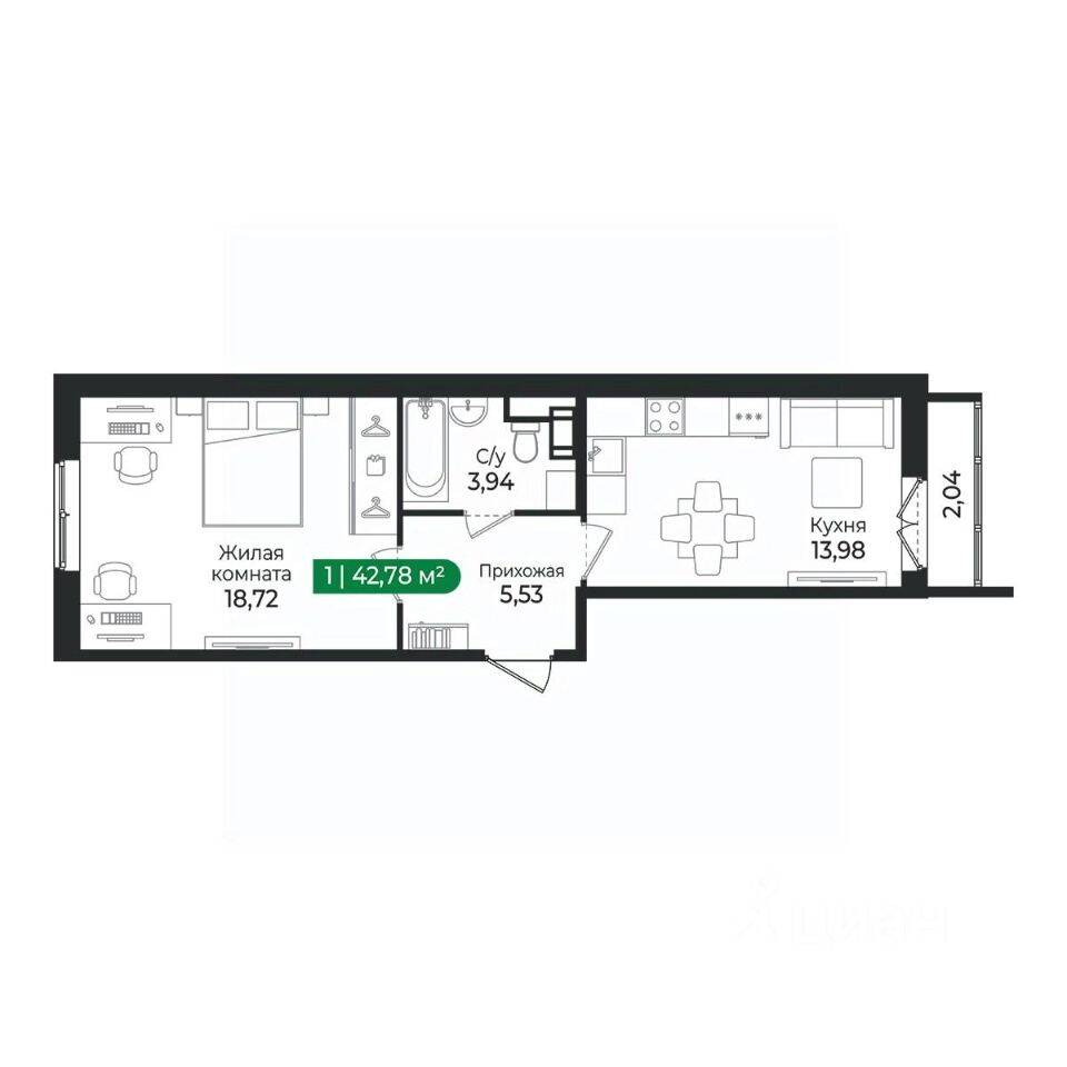 1-комн. квартира, 42,78 м², в ЖК Sertolovo Park