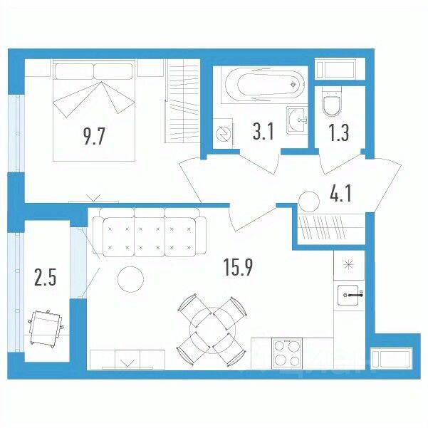 Планировка 1 комнатной квартиры, 35.4 м², в «Aerocity 4»