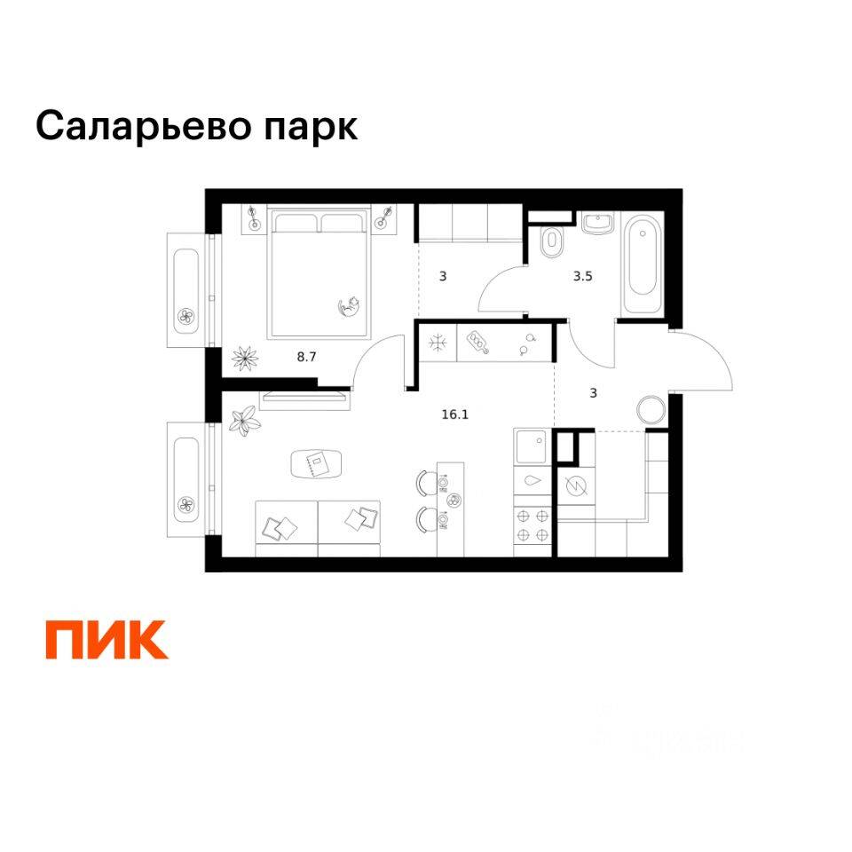 1-комн. квартира, 37,6 м², в ЖК «Саларьево парк»