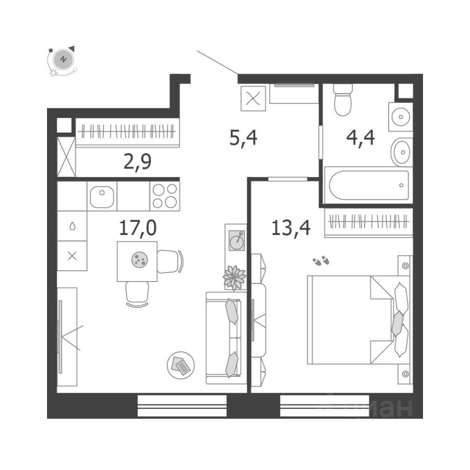1-комн. квартира, 43,1 м², в ЖК Жилой квартал Shagal