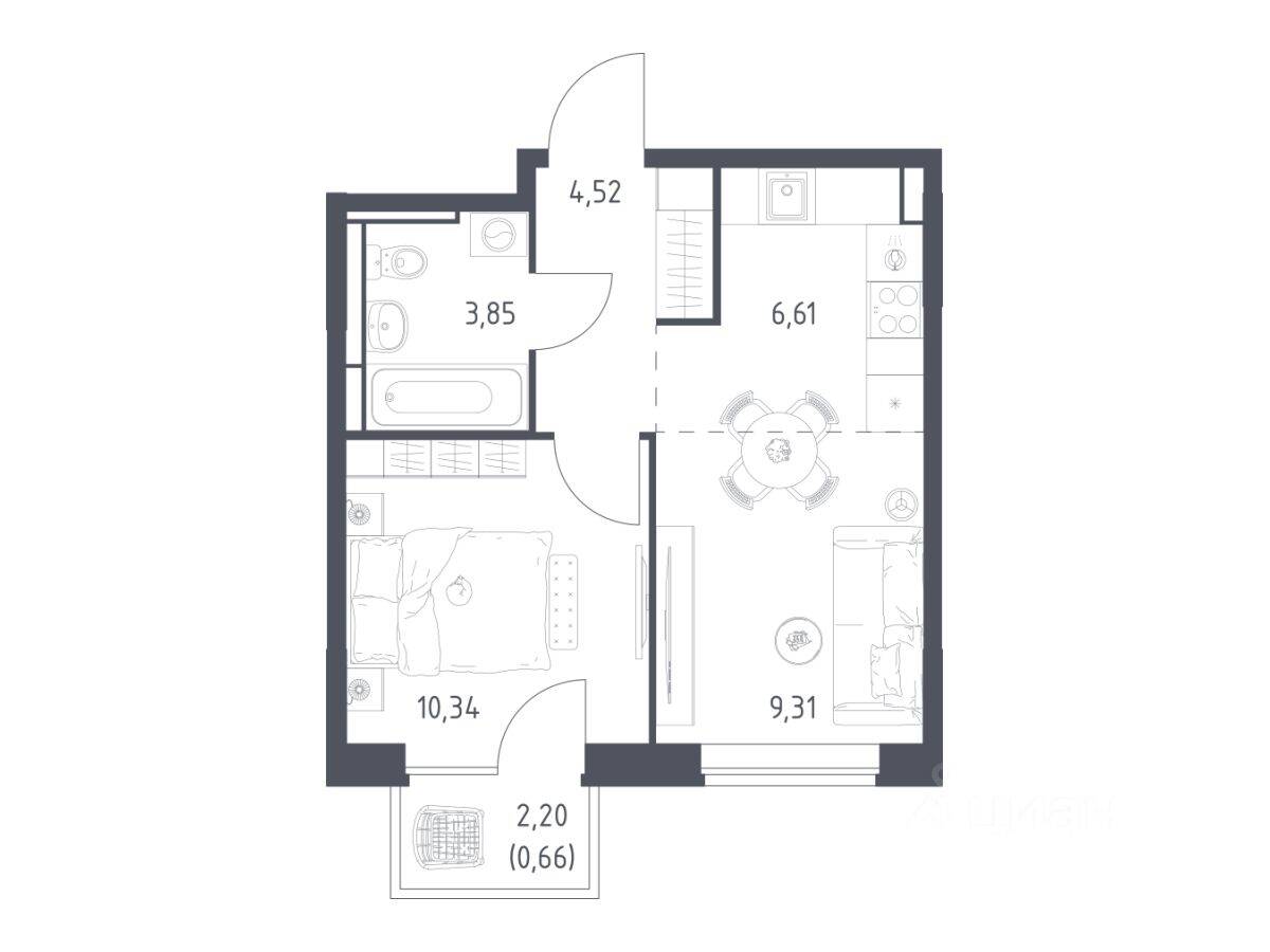 1-комн. квартира, 35,29 м², в ЖК Богдановский Лес