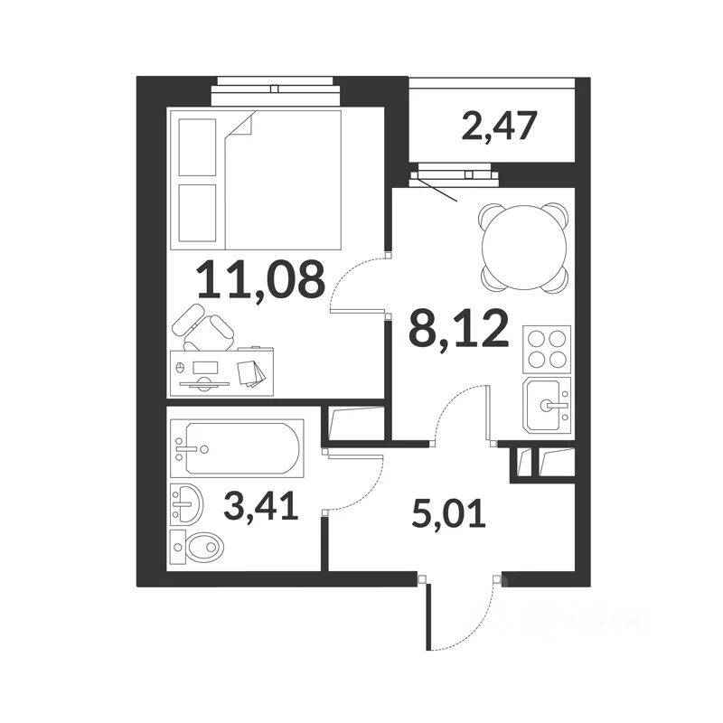 1-комн. квартира, 28,86 м², в ЖК Chkalov