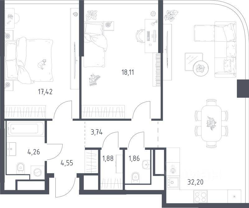 2-комн. квартира, 84,02 м², в ЖК Квартал на воде