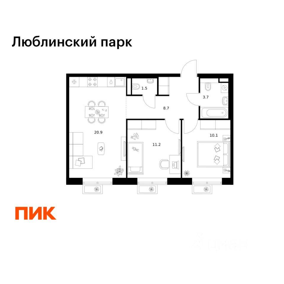 2-комн. квартира, 56,1 м², в ЖК «Люблинский парк»