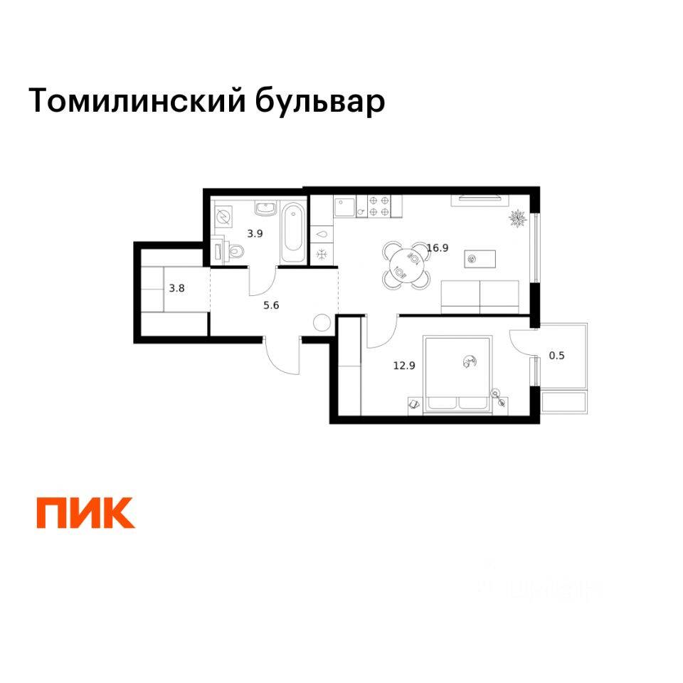 1-комн. квартира, 43,6 м², в ЖК Томилинский бульвар
