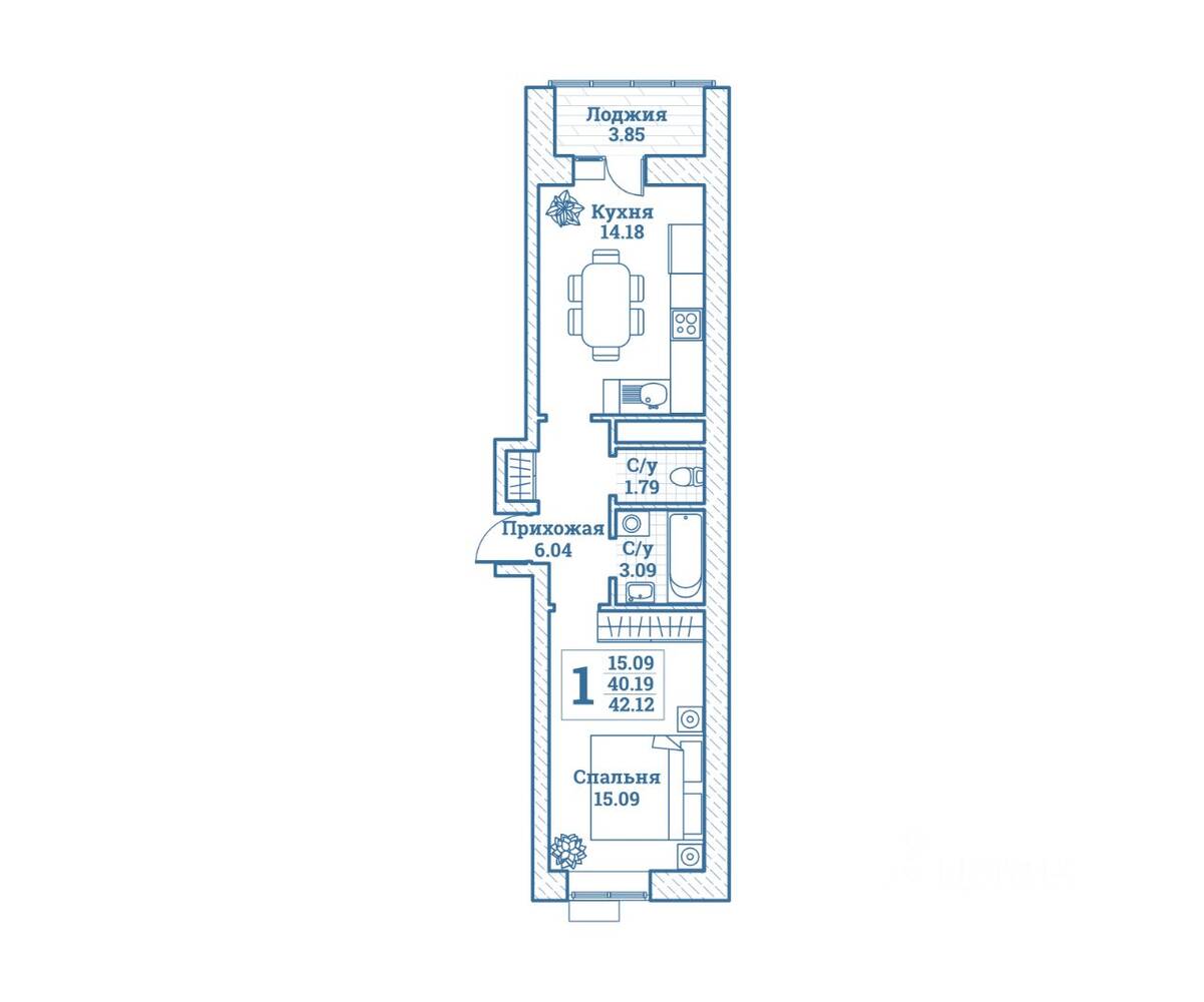 1-комн. квартира, 42,12 м², в ЖК Новоград Монино