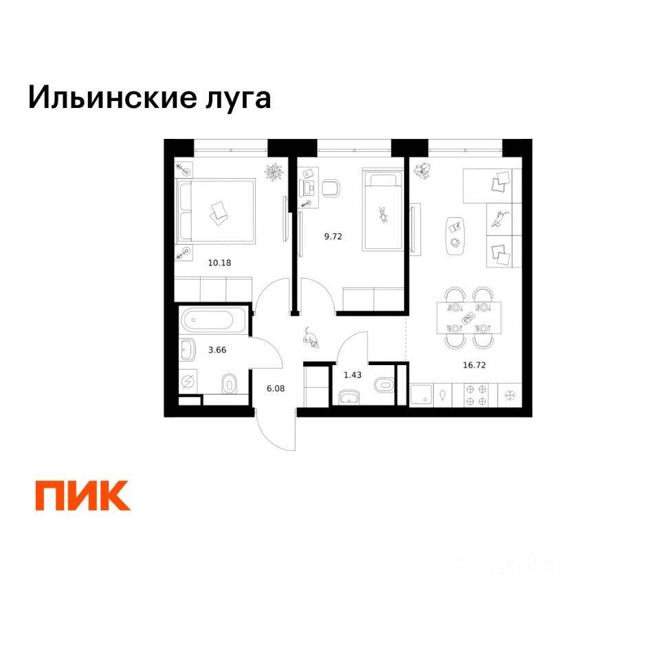 2-комн. квартира, 47,79 м², в ЖК «Ильинские луга»