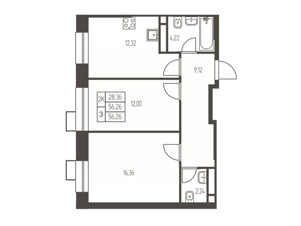 2-комн. квартира, 56,3 м², в ЖК Новая Ивантеевка