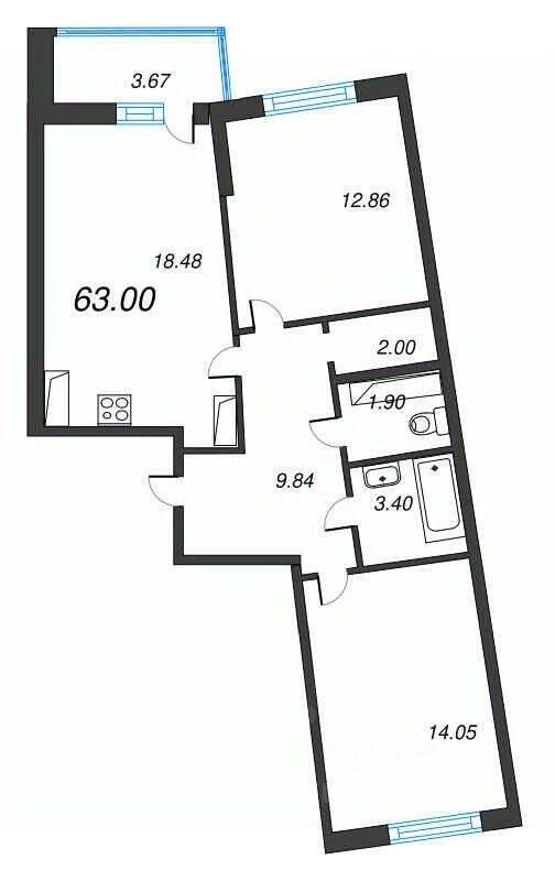 3-комн. квартира, 63 м², в ЖК Левитан