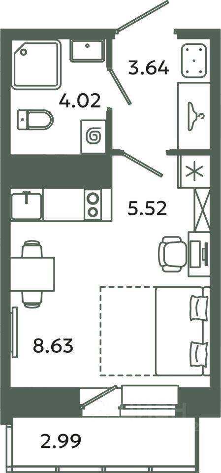 Квартира-студия, 21,81 м², в ЖК Загляденье