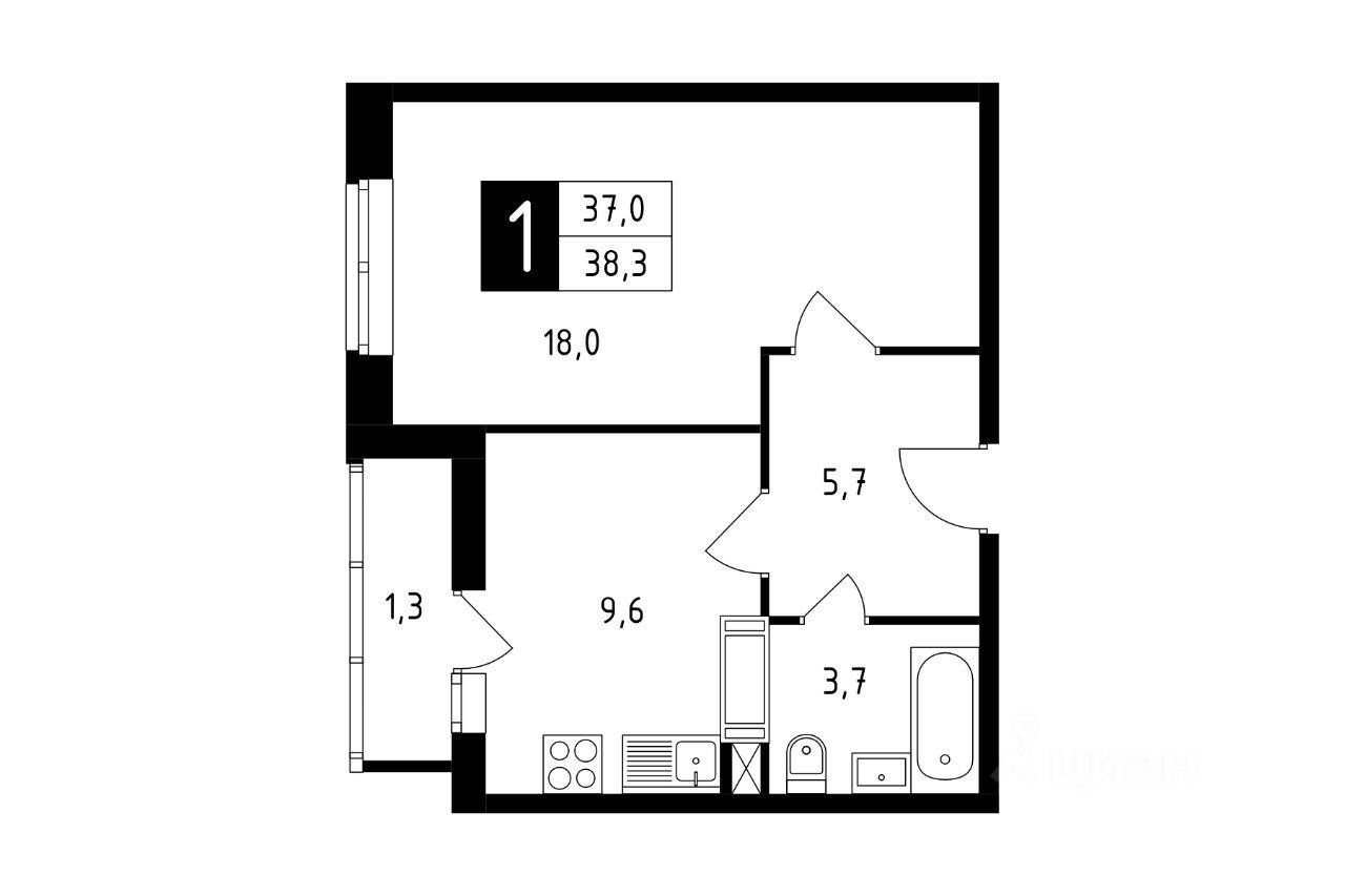 1-комн. квартира, 38,3 м², в ЖК Красная горка