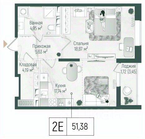 1-комн. квартира, 53,11 м², в ЖК Riga Hills