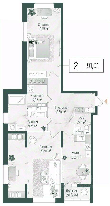 2-комн. квартира, 91,1 м², в ЖК Riga Hills