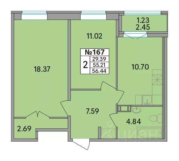 2-комн. квартира, 56,44 м², в ЖК Рождественский квартал