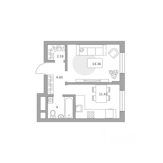 Планировка 1 комнатной квартиры, 36.38 м², в «Живописный»