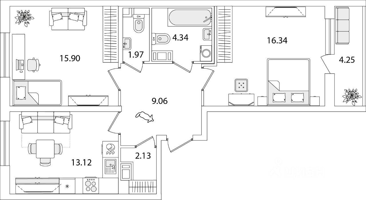 2-комн. квартира, 64,99 м², в ЖК Кинопарк