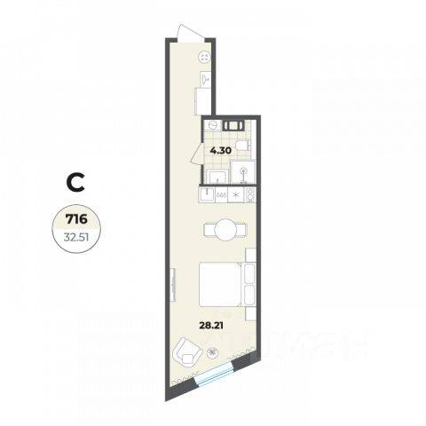 Квартира-студия, 32,51 м², в Апарт-комплекс Лиговский, 127