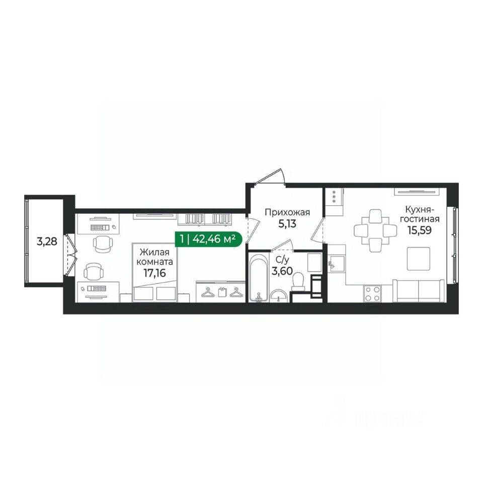 1-комн. квартира, 42,46 м², в ЖК Sertolovo Park