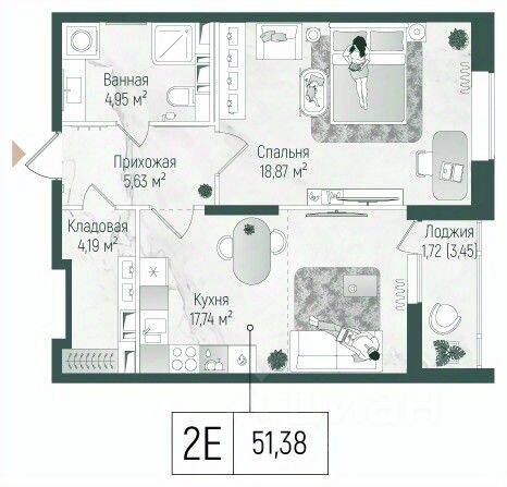 1-комн. квартира, 53,11 м², в ЖК Riga Hills